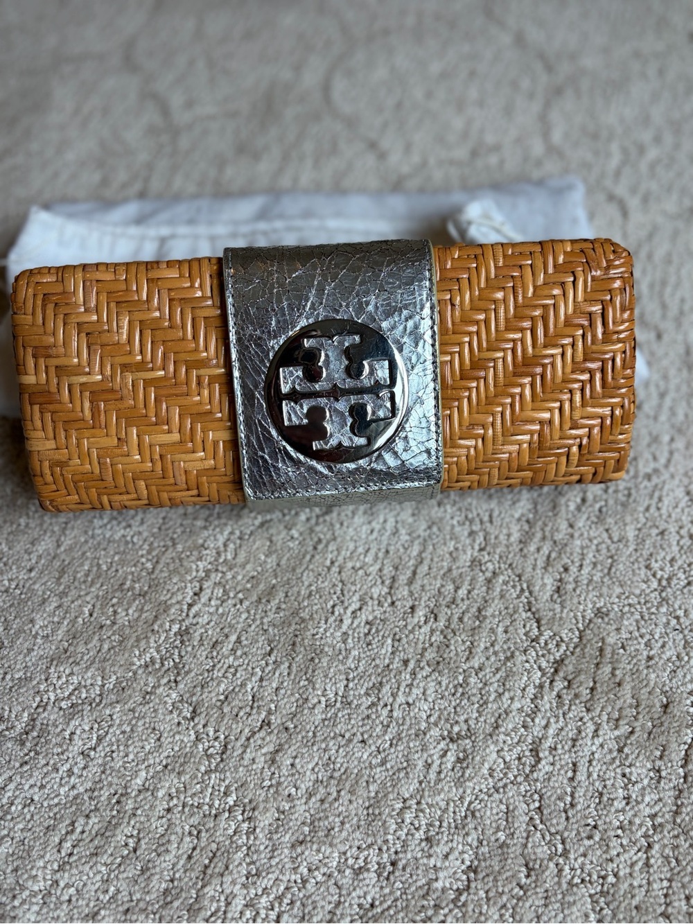 Tory Burch Tan Woven Card Holder with Silver Logo Strap